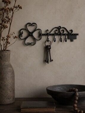 Vtg Brutalist Wrought Iron Blk Key Hook Minimalist Primative Earthy Spanish Euro